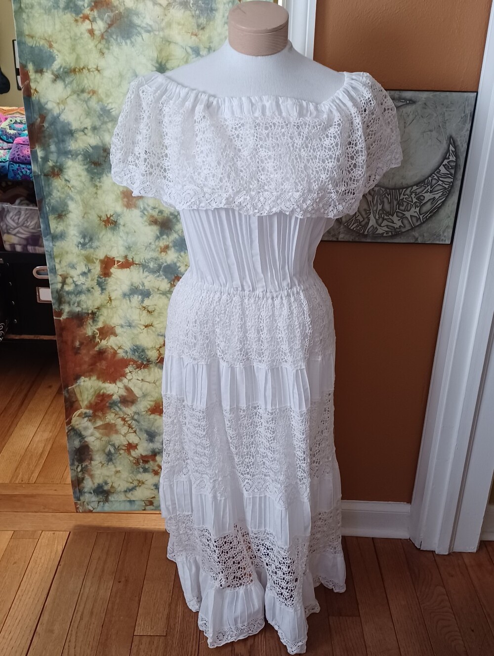 Boho White Lace Midi Dress with Off-Shoulder Ruffle
